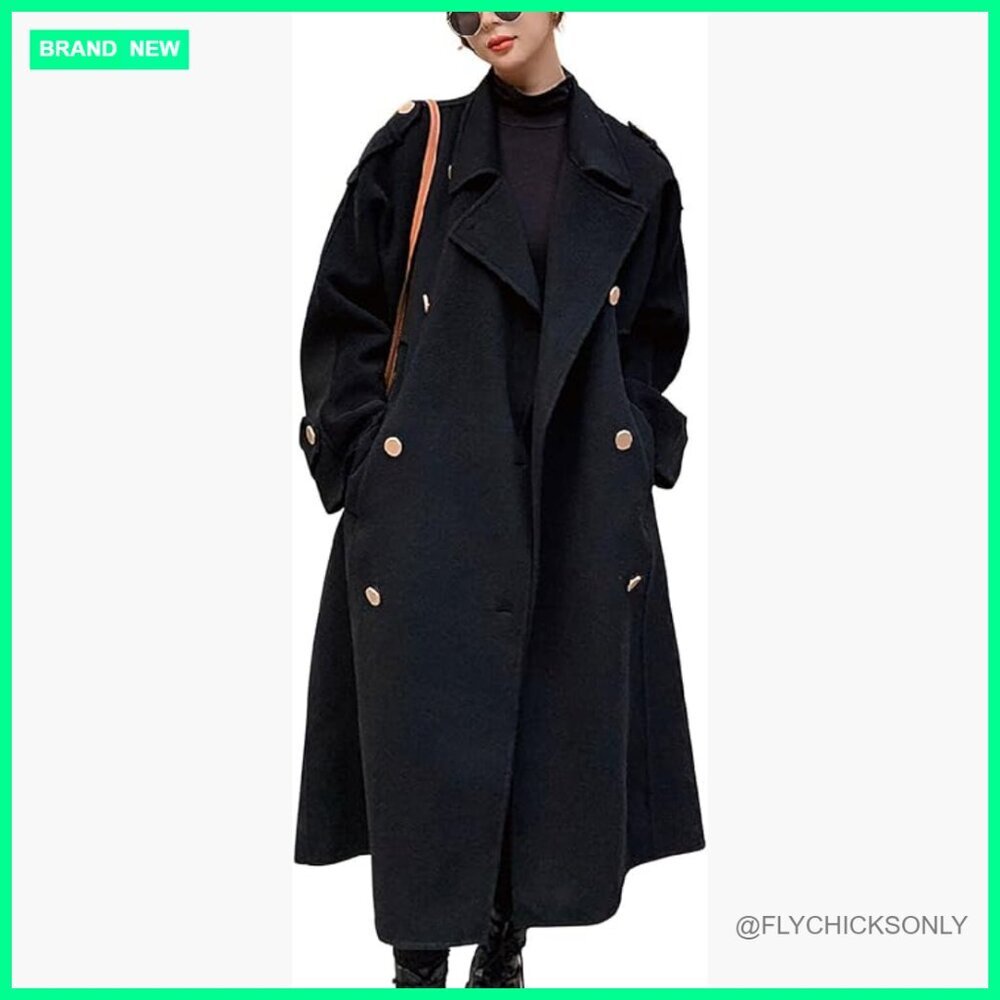 Women's Winter Wool Pea Coat Double Breasted Midi Long Trench